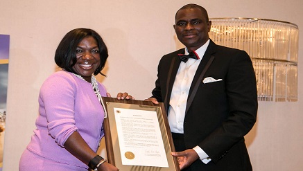 (L-r): Rep. Dee Dawkins- Haigler, chair, Georgia Legislative Black Caucus Atlanta presenting the Special Commendation Award from the US Georgia Legislative Black Caucus to Segun Ogunsanya, managing director & Chief Executive Officer, Airtel Nigeria at the 6th African Business Leadership Forum & Awards 2015, which held at the Hilton London Metropole, United Kingdom, recently.